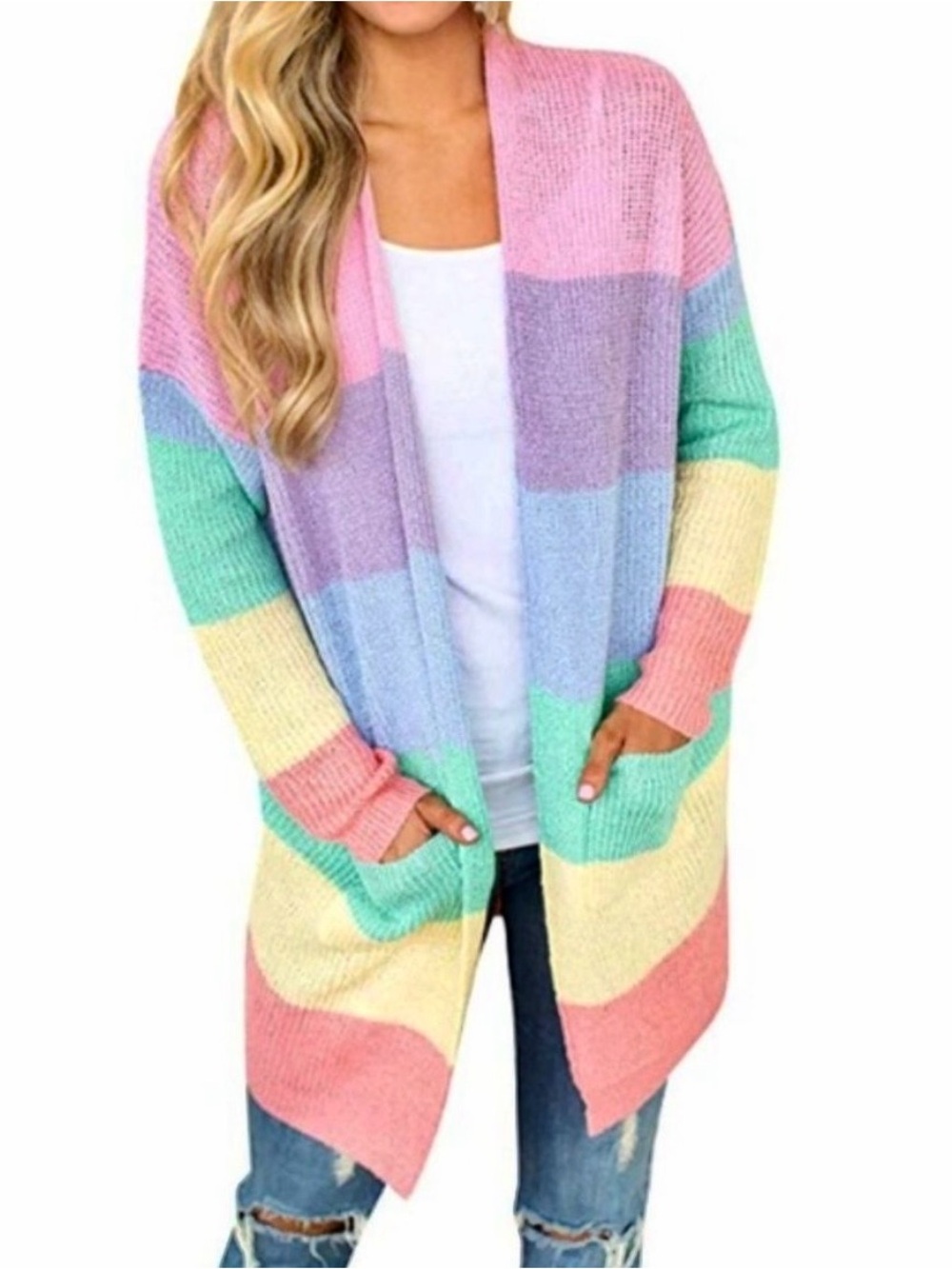 NEW Dreamers long open cardigan sweater coat rainbow color block midi pockets